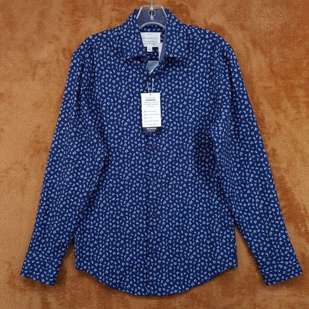 CONSTRUCT Dress Shirt Mens Size 14 14.5 32 33 Blue Floral Cooling Stretch